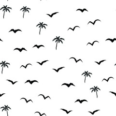 Black and white beach pattern with palm trees and birds for fabrics