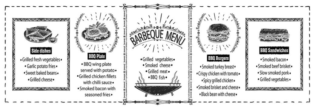 Black and white barbecue menu template - steaks, burgers, sandwiches, side dishes