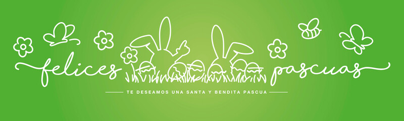 Happy Easter handwritten typography lettering we wish you a holy and blessed Easter on Spanish language with white bunny, eggs, flowers, grass, butterflies and bee on green background drawing in line 
