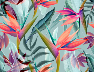 Seamless tropical flower, plant and leaf pattern background - 420208355