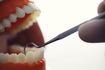 Dentist's office. Dentist examines the oral cavity before treatment. The doctor shows a course of treatment. Caries jaw treatment. Implantation and installation of veneers.