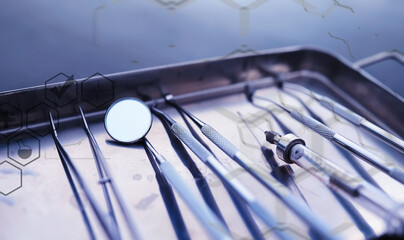 Equipment for the dental office. Orthopedic Instruments. Dental technician with working tools. Dentist metal tools.
