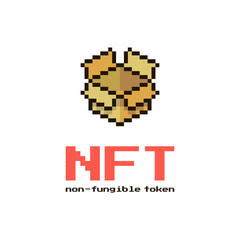 colorful simple flat pixel art illustration of open cardboard box with inscription NFT non-fungible token