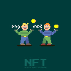 colorful simple flat pixel art illustration of two cartoon funny guys exchanging gold coins and image and music file formats