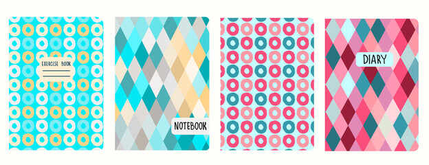 Cover page templates based on seamless patterns with circles, rhombuses. Background for notebooks, notepads, diaries