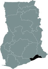 Black highlighted location map of the Ghanaian Greater Accra region inside gray map of the Republic of Ghana