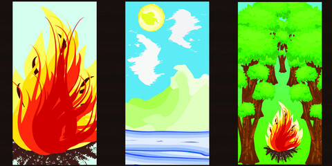 Set of vector abstract illustrations.Fire, forest, mountains, water, sun. For poster, banner, postcard, cover or background. Minimalis. 