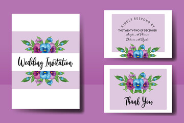 Wedding invitation frame set, floral watercolor hand drawn Pansy Flower design Invitation Card Template