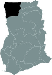 Black highlighted location map of the Ghanaian Upper West region inside gray map of the Republic of Ghana