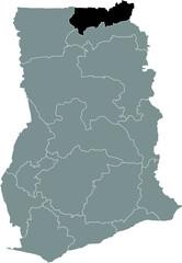 Black highlighted location map of the Ghanaian Upper East region inside gray map of the Republic of Ghana