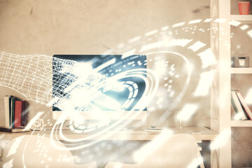 Multi exposure of data theme drawing and office interior background. Concept of technology.