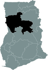 Black highlighted location map of the Ghanaian Savannah region inside gray map of the Republic of Ghana