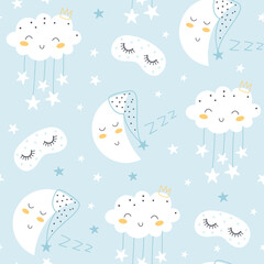 Seamless pattern with cute moon, stars, sleep mask and clouds. Kids background. Vector