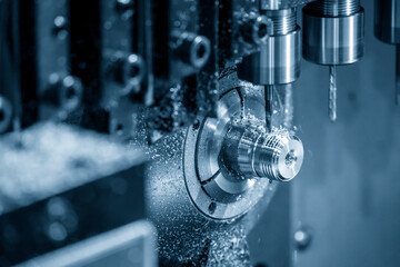 The  operation of multi-tasking CNC lathe machine swiss type tapping on the pipe connector parts....