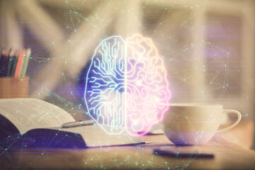 Double exposure of brain drawing and desktop with coffee and items on table background. Concept of...
