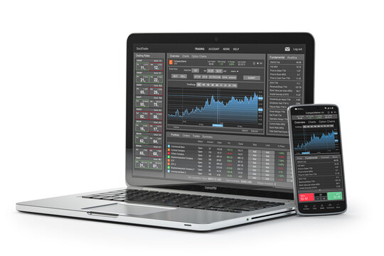 Laptop and smartphone with stock trader application, graphs and diagrams on screen isolated on white. Stock exchange market concept.