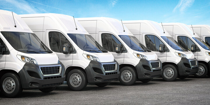 Delivery vans in a row.  Express delivery and shipment service concept.