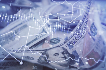 Double exposure of forex graph drawing over us dollars bill background. Concept of financial markets.