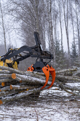 small stand-on mini skid steer with grapple full of wooden logs