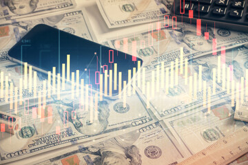 Double exposure of forex graph drawing over us dollars bill background. Concept of financial markets.