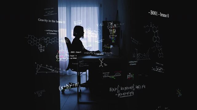 Young woman is working and studying in concentrated manner on the computer. Digital animation of formulas, equations, diagrams, numbers.