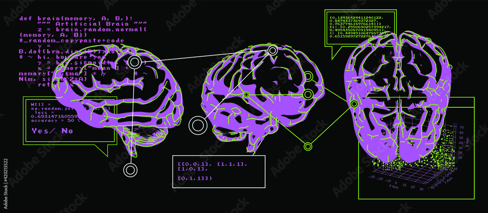 Poster the human brain from the front and side view. mri of ct scan.