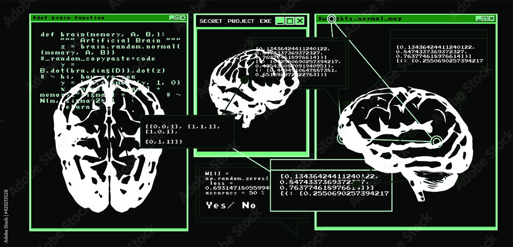 Poster the human brain from the front and side view. mri of ct scan.