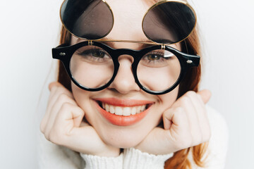 pretty woman face closeup fashionable glasses cosmetics attractive look