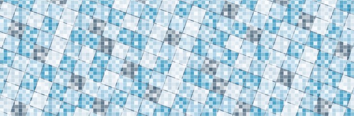 Squares tightly placed next to each other all in different shades of blue in a panoramic background view