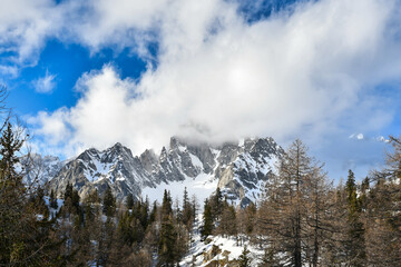 Snow-covered mountains. View to Montblanc mountain from the Italian ski resort. 