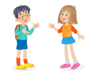 A cute little girl and a funny boy with glasses are standing and talking. In cartoon style. Isolated on white background. Vector flat illustration.