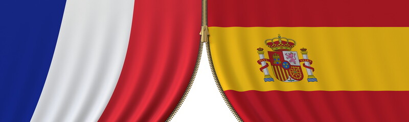 Fototapeta premium Flags of France and Spain and closing or opening zipper between them. Political negotiations or interaction conceptual 3D rendering
