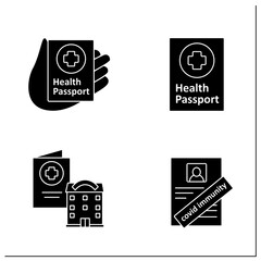 Health passport glyph icons set. Information about health status. Fight against Coronavirus. Vaccination card for government place.Filled flat sign. Isolated silhouette vector illustrations