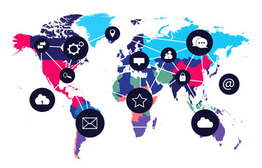 World map Info graphic, colorful borders with social media network background