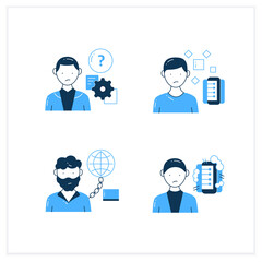 Information overload flat icons set. Consists of Information pollution, internet addition, unprocessing information. Vector illustrations
