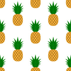 Pineapple, leaf seamless pattern. Tropical fruits textile texture isolated white background. Food print, fabric wrapping decorative backdrop. Nature concept. Repeat design element. Vector illustration