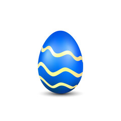 Easter egg 3D icon. Blue color egg, isolated white background. Bright realistic design, decoration for Happy Easter celebration. Holiday element. Shiny pattern. Spring symbol. Vector illustration