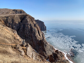 Russia, Vladivostok. Beautiful view of the south-east coast of the island of Shkota in winter