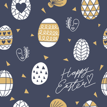 Hand Drawn Happy Easter Eggs Vector Seamless Pattern. Good For Wrapping, Easter Cards, Interior Surface, Social Media Content