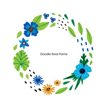 Doodle floral frame. Hand drawn cartoon leaves and flowers composition, abstract botanical circle border template with copy space, decorative spring summer decor, vector isolated illustration