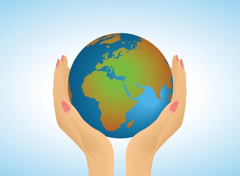 Two hands gently holding planet Earth. Conceptual environmental friendlyness. The image could be found with other countries on top of globe and also held by darker hands. Vector illustration. EPS10.
