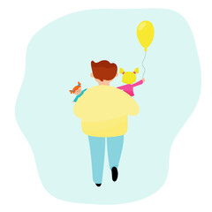 Father's day. The father walks with his children.