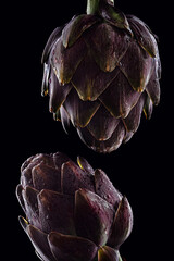 Fresh raw artichokes on black background. Ripe organic artichoke flower with copy space.