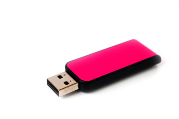 A pink USB flash drive with a plastic case, shot against a white background.