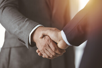 Business people standing and shaking hands in sunny office, close-up. Handshake and marketing