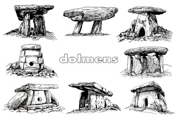 Graphical set of dolmens,illustration for typography and printing