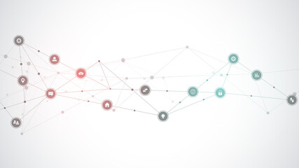 Information technology background with infographic elements and flat icons. Digital technology, network connection and communication concept