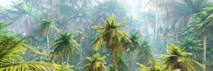 Obraz na płótnie Canvas Jungle, rainforest during the plank, palm trees in the morning in the fog, jungle in the haze, 3D rendering