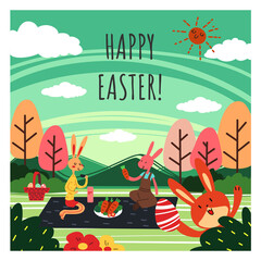 Fototapeta premium A greeting card of Happy Easter with a group of bunnies celebrate Easter Day together at the forest in sunny day and Happy Easter calligraphy at the center flat vector illustration.