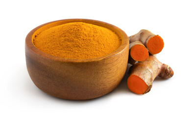 Turmeric (curcumin) powder in a wooden bowl  and rhizomes  isolated on a white background,herbal.